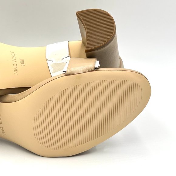 Nine West Size 10 Natural Nude Tan Beige Leather Block Heels Sandals Shoes - Picture 11 of 14